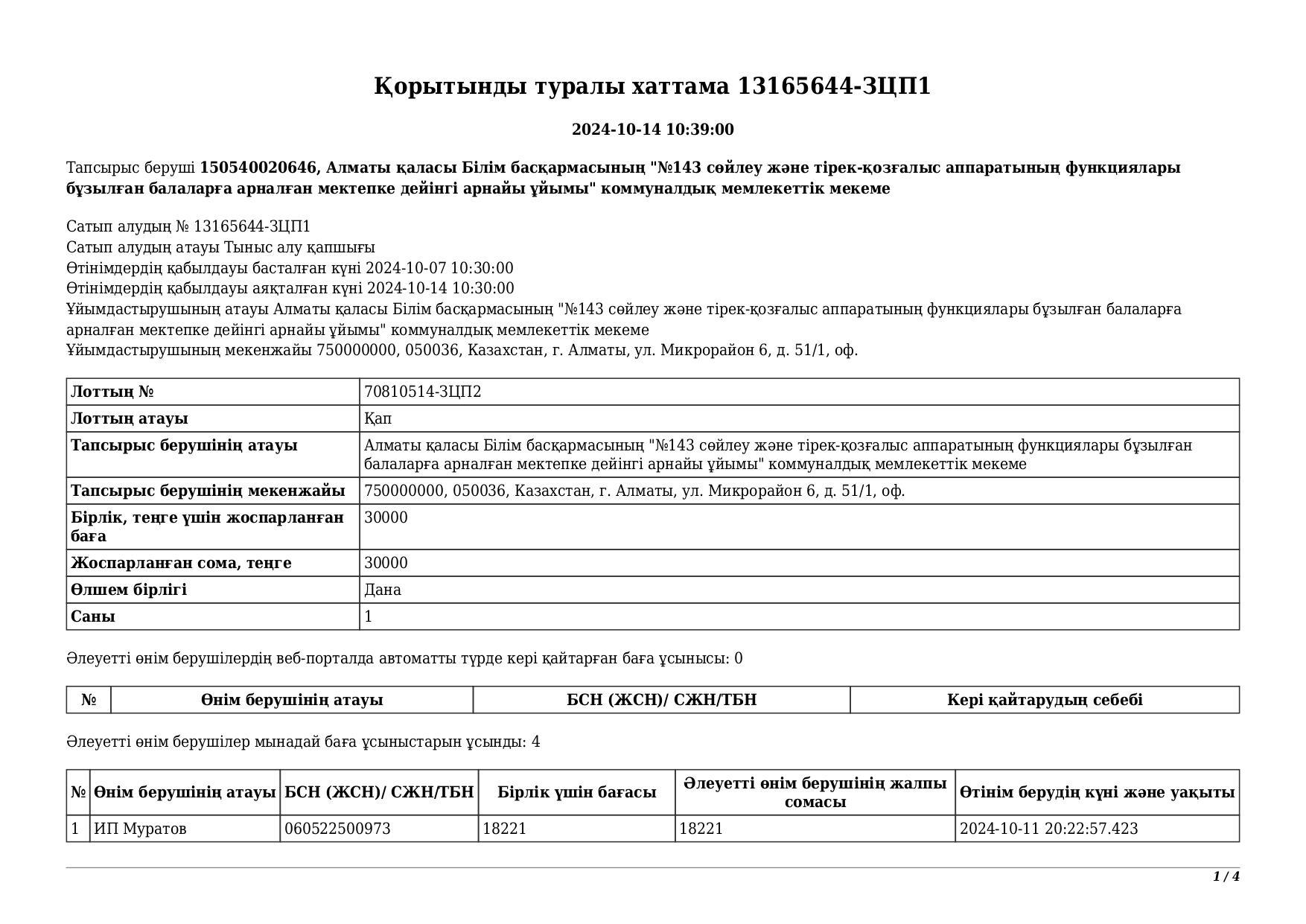 Қорытынды туралы хаттама 14.10.2024ж