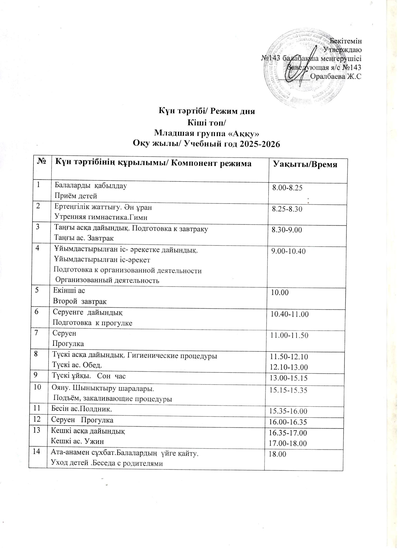 Күн тәртібі. 2025-2026 оқу жылы